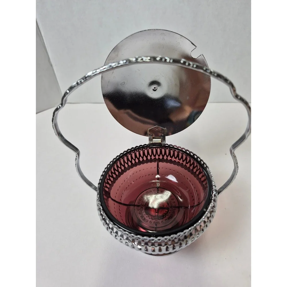 Vintage Amethyst‎ Purple Glass Jam Jar with Silver Tone Metal Caddy and Handle
